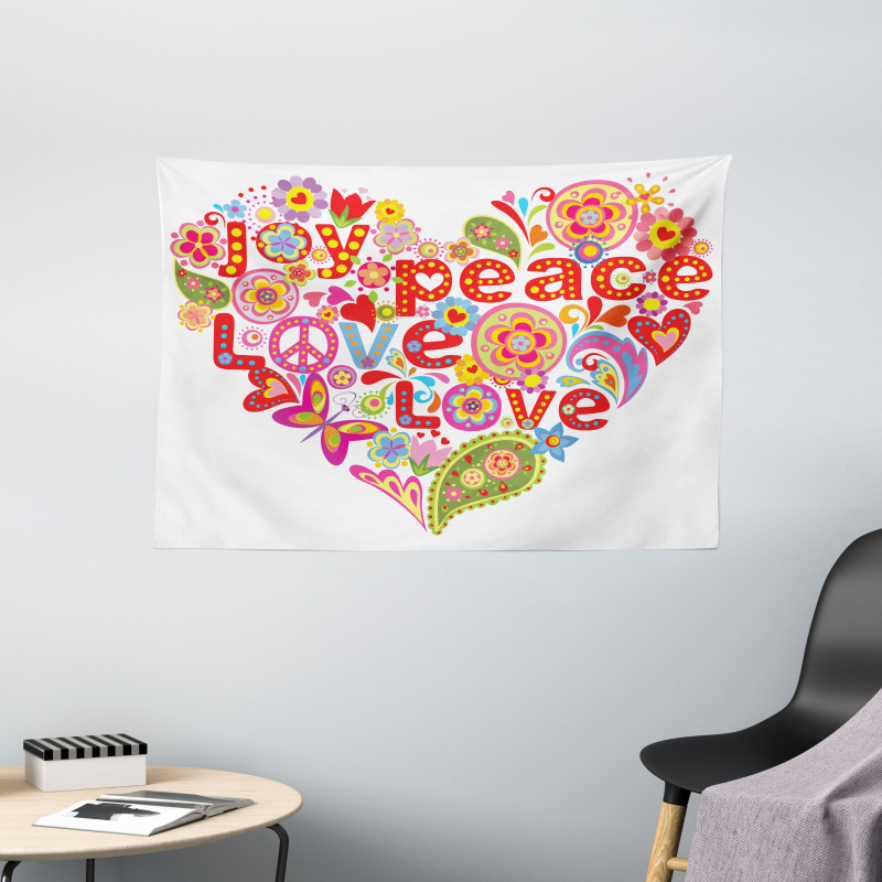 Hippie Floral Heart Sign Wide Tapestry