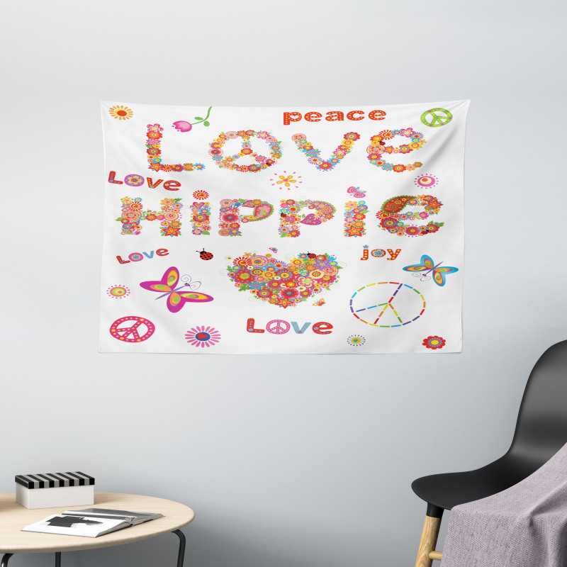 Love Hippie Vivid Floral Wide Tapestry