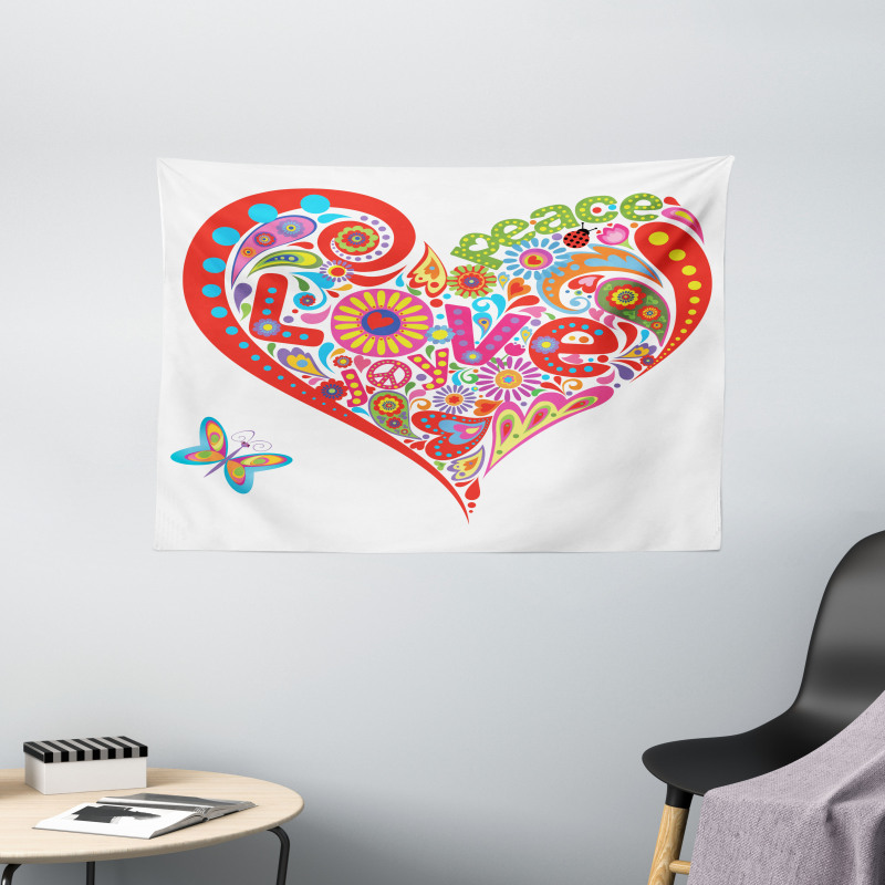 Colorful Peace Heart Wide Tapestry