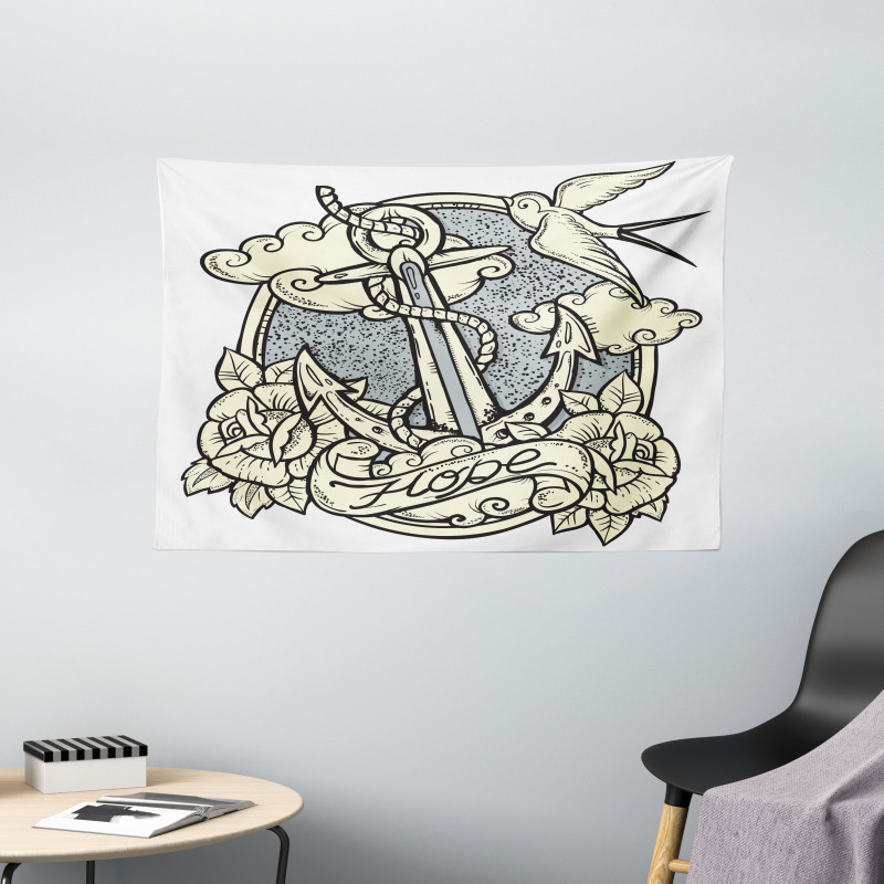 Anchor and Roses Clouds Wide Tapestry