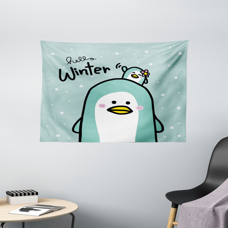 Mom and Baby Penguins Wide Tapestry