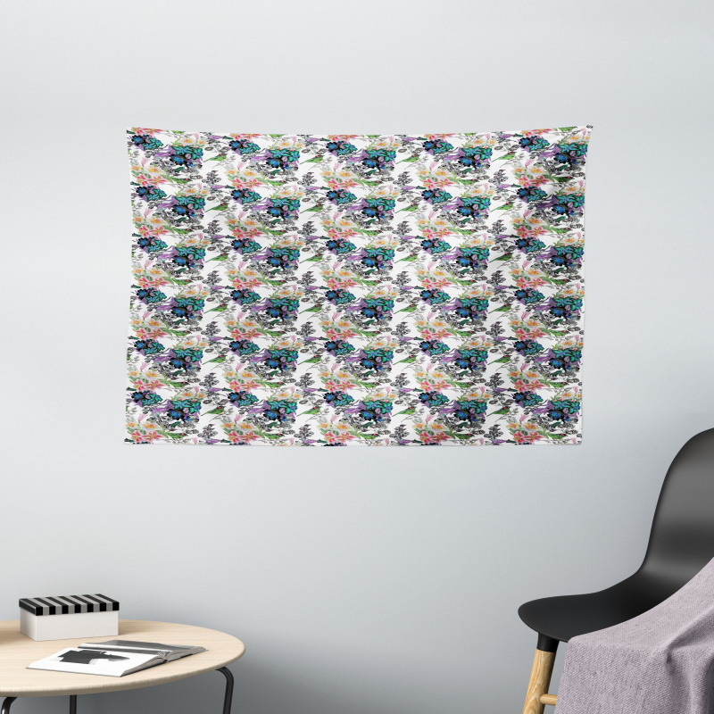 Summer Flowers Exotic Bird Wide Tapestry
