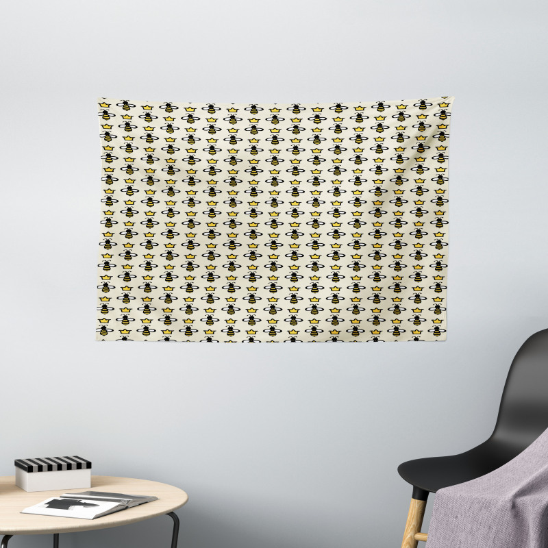 Cartoon Style Bees Crowns Wide Tapestry