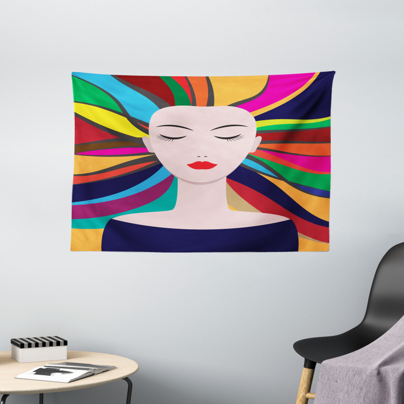 Lady and Colorful Strands Wide Tapestry