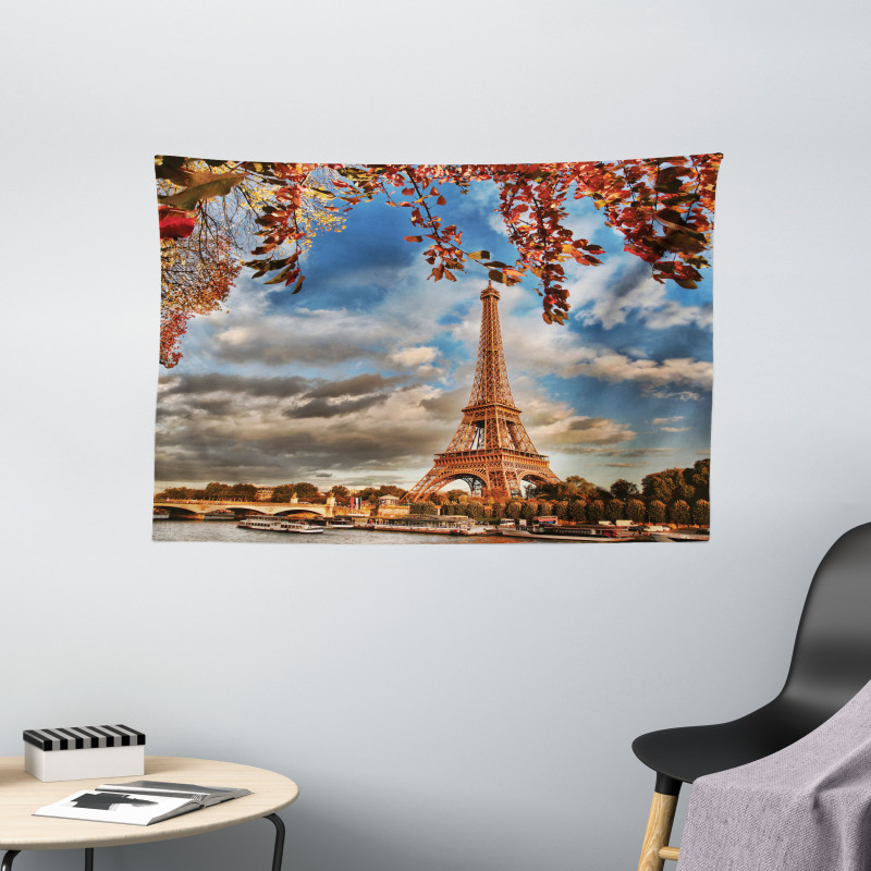 Eiffel Tower with Boat Wide Tapestry