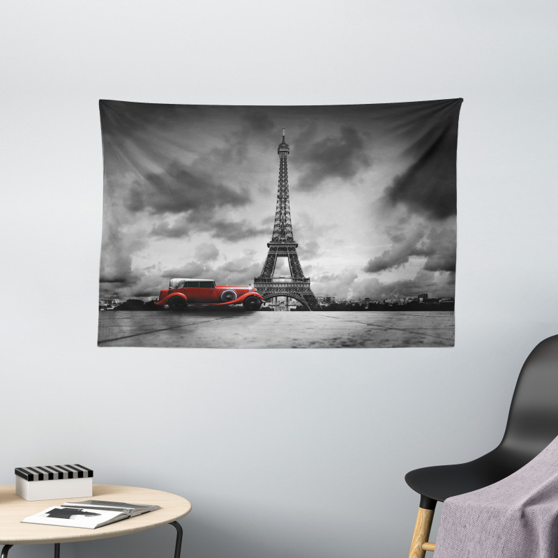 French Car Dark Clouds Wide Tapestry