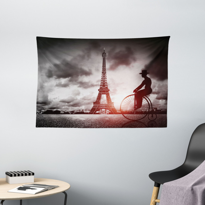 Man on Retro Bicycle Wide Tapestry