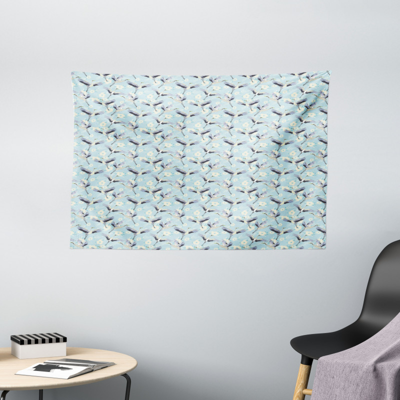 Continuous Flying Crane Floral Wide Tapestry