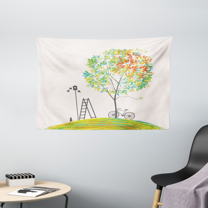 Bicycle Stairs Bird Wide Tapestry