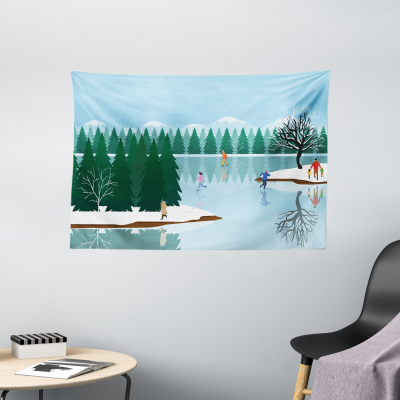 Ice Skating Frozen Lake Art Wide Tapestry