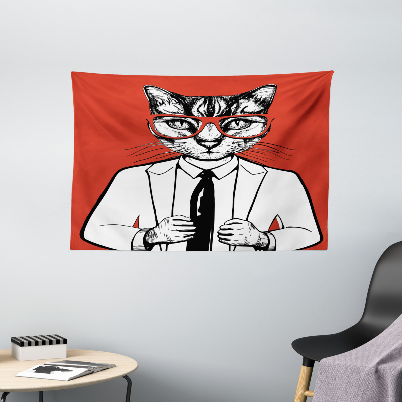 Funny Businessman Cat Suit Wide Tapestry