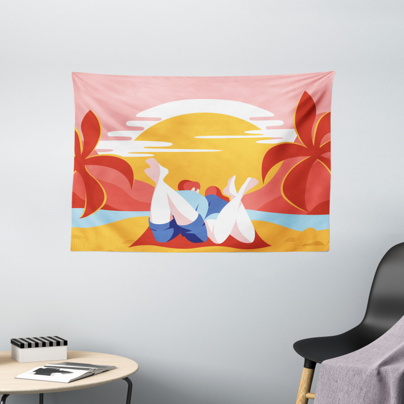 Summer Cartoon Young Couple Wide Tapestry