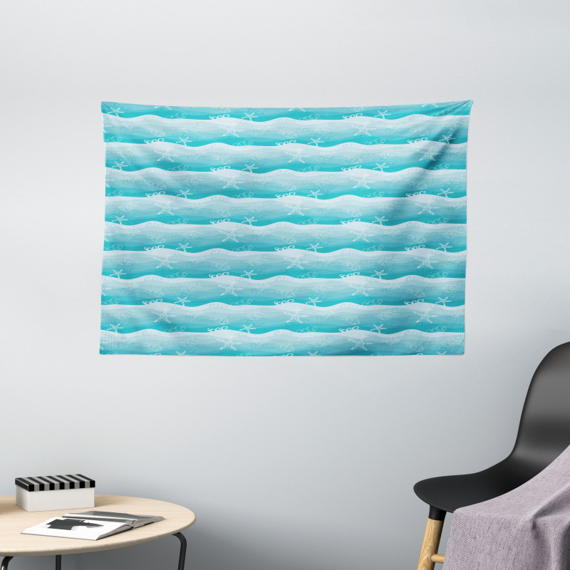 Fishes on Ombre Sea Waves Wide Tapestry
