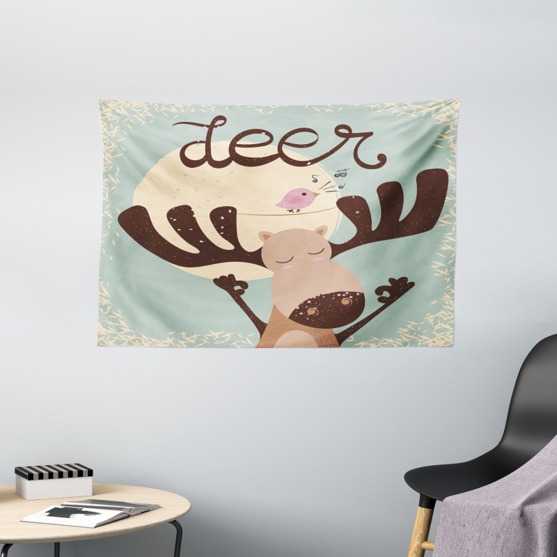 Reindeer Bird Cartoon Wide Tapestry