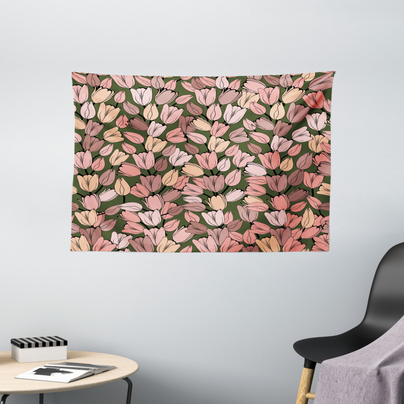 Retro Tulips Flowers Wide Tapestry