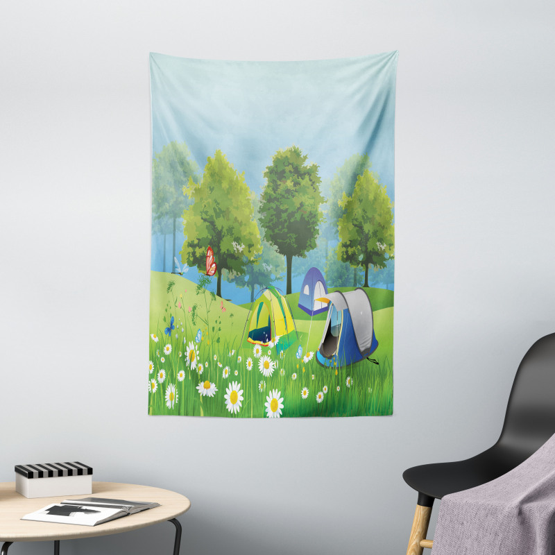 Tents in Spring Forest Tapestry