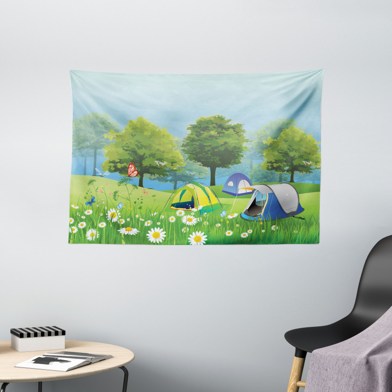 Tents in Spring Forest Wide Tapestry