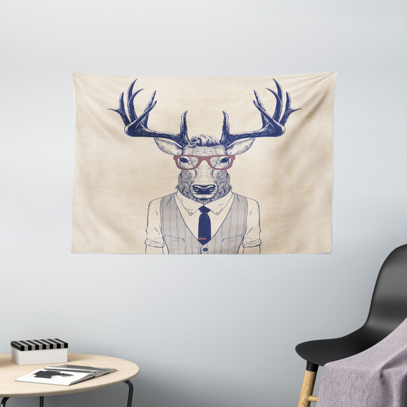 Humanized Manly Deer Art Wide Tapestry