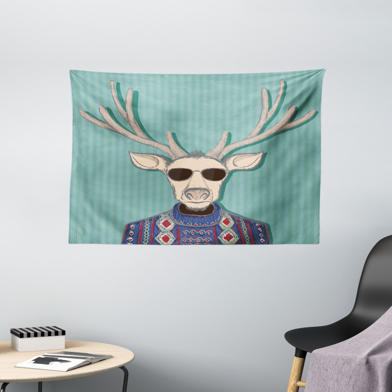 Deer with Colorful Sweater Wide Tapestry