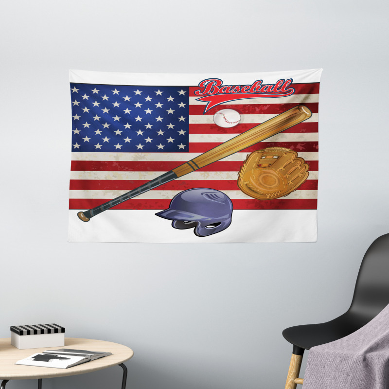 USA Flag and Baseball Wide Tapestry