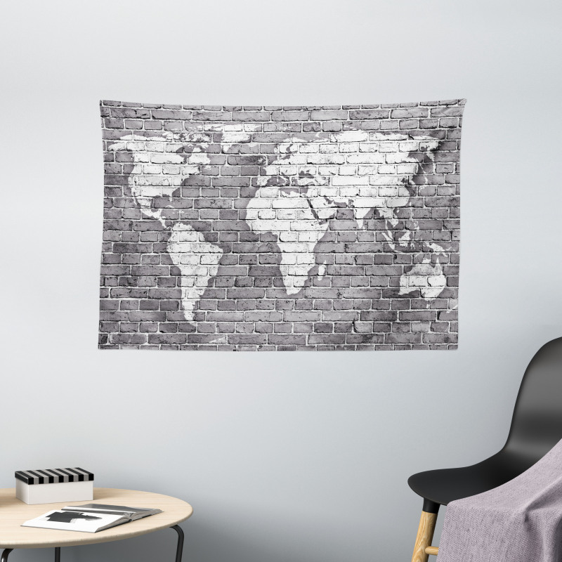 World Map on Old Brick Wide Tapestry