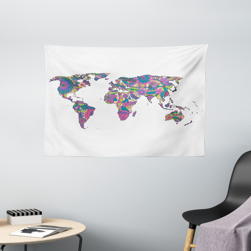 World Map with Flowers Wide Tapestry