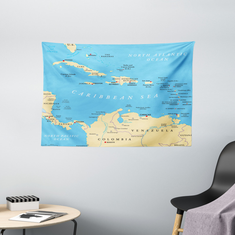 Caribbean Capitals Map Wide Tapestry