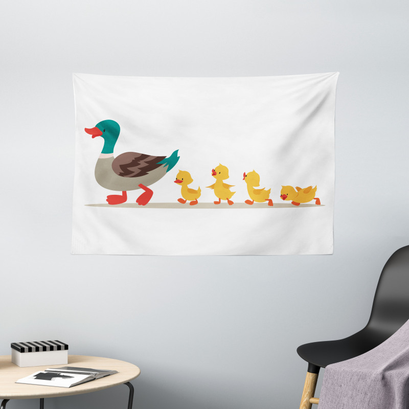 Mother Duck Babies Row Wide Tapestry