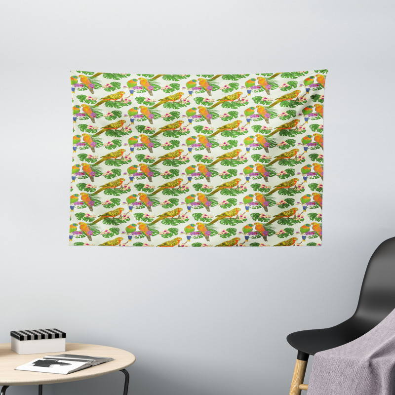 Vivid Floral Parrots Wide Tapestry