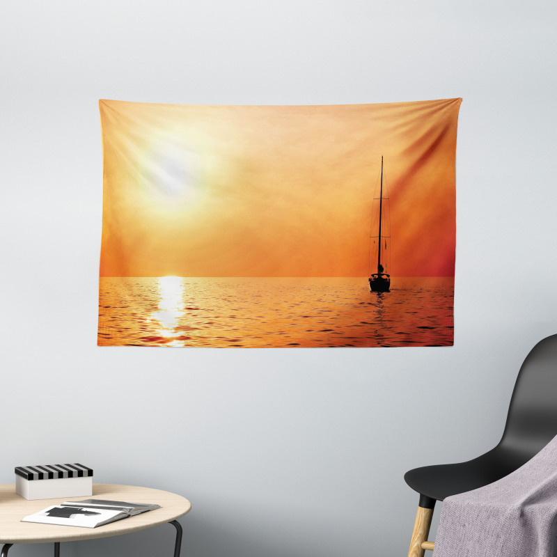 Lonely Yacht at Sunset Wide Tapestry