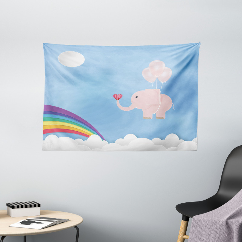 Elephant Rainbow Sky Wide Tapestry