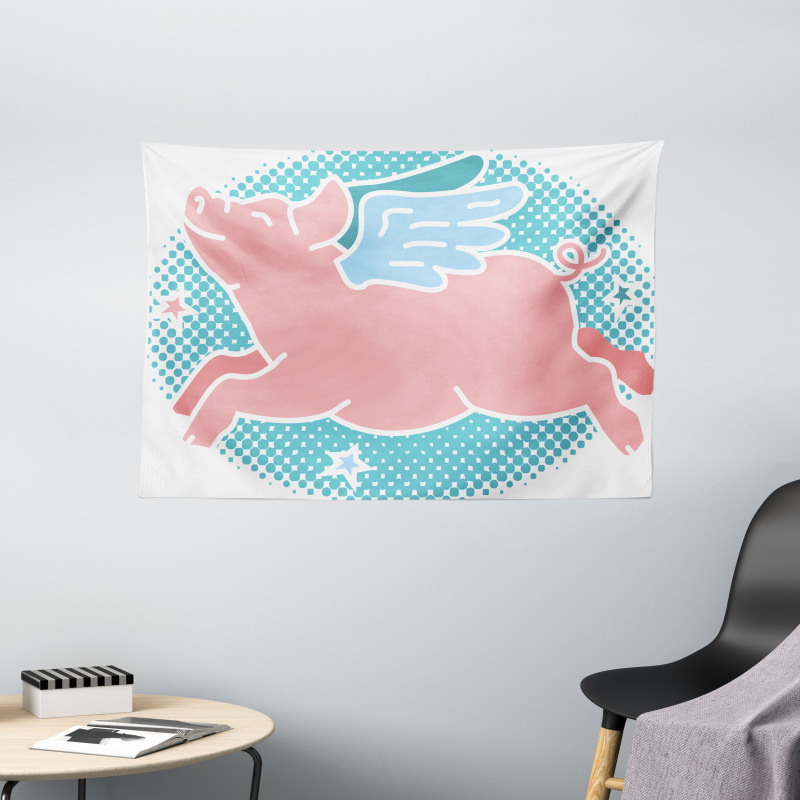 Happy Flying Pig Art Wide Tapestry