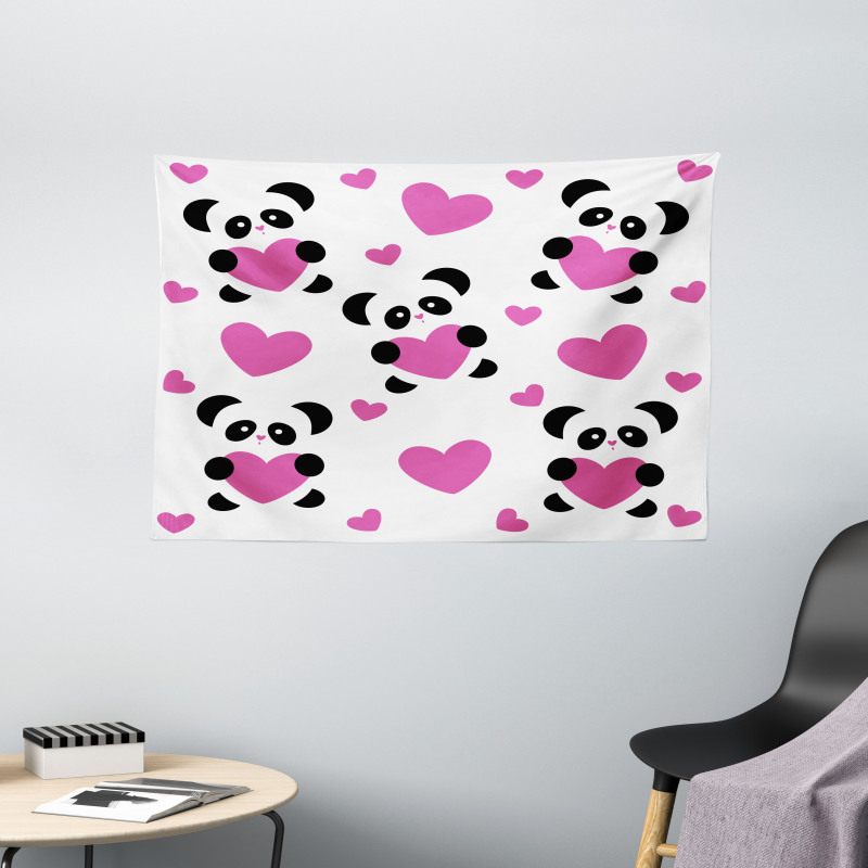 Love Pandas Hearts Wide Tapestry