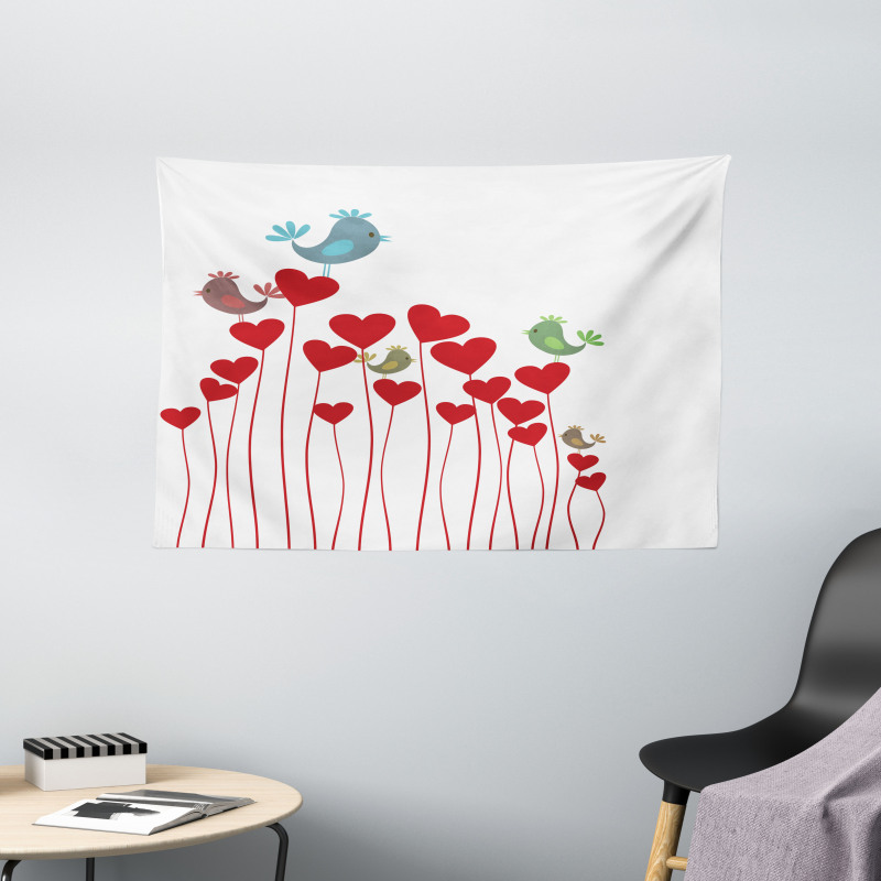 Spring Hearts Birds Wide Tapestry