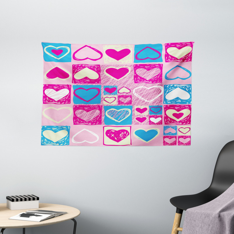 Hearts in Square Shape Wide Tapestry