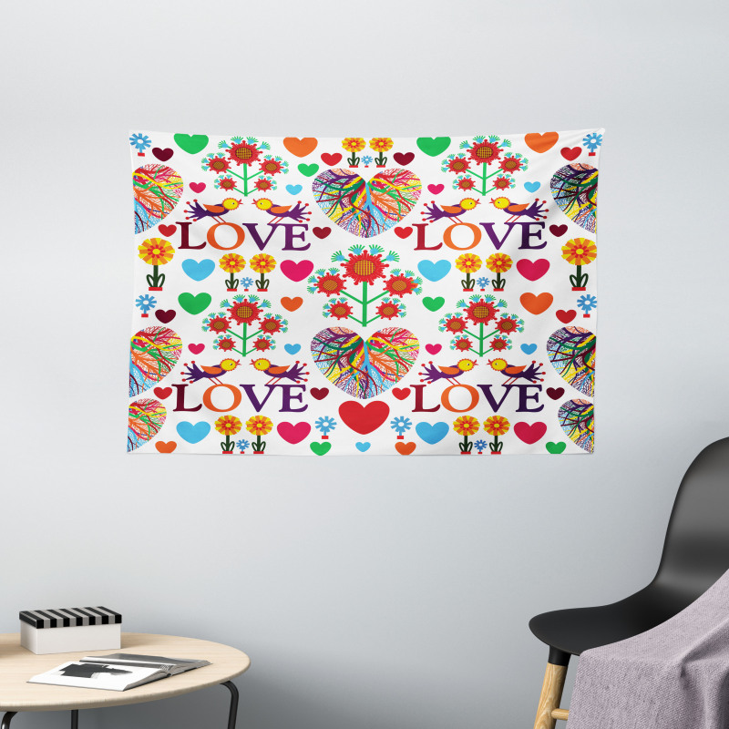 Colorful Blooms Birds Wide Tapestry