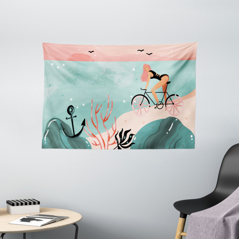 Woman Cycling in Sea Wide Tapestry