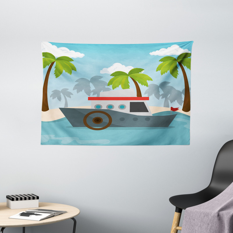 Cartoon Boat Palms Wide Tapestry