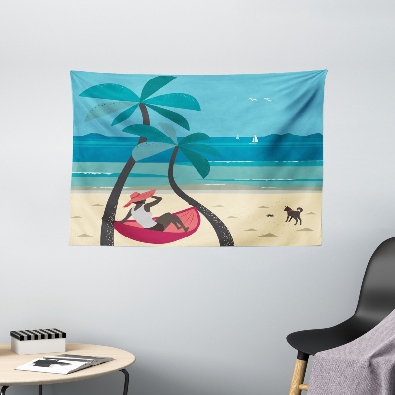 Girl on Hammock Palms Wide Tapestry