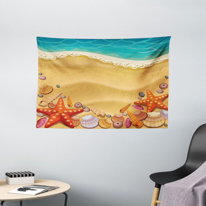 Seashell on Shore Cartoon Wide Tapestry