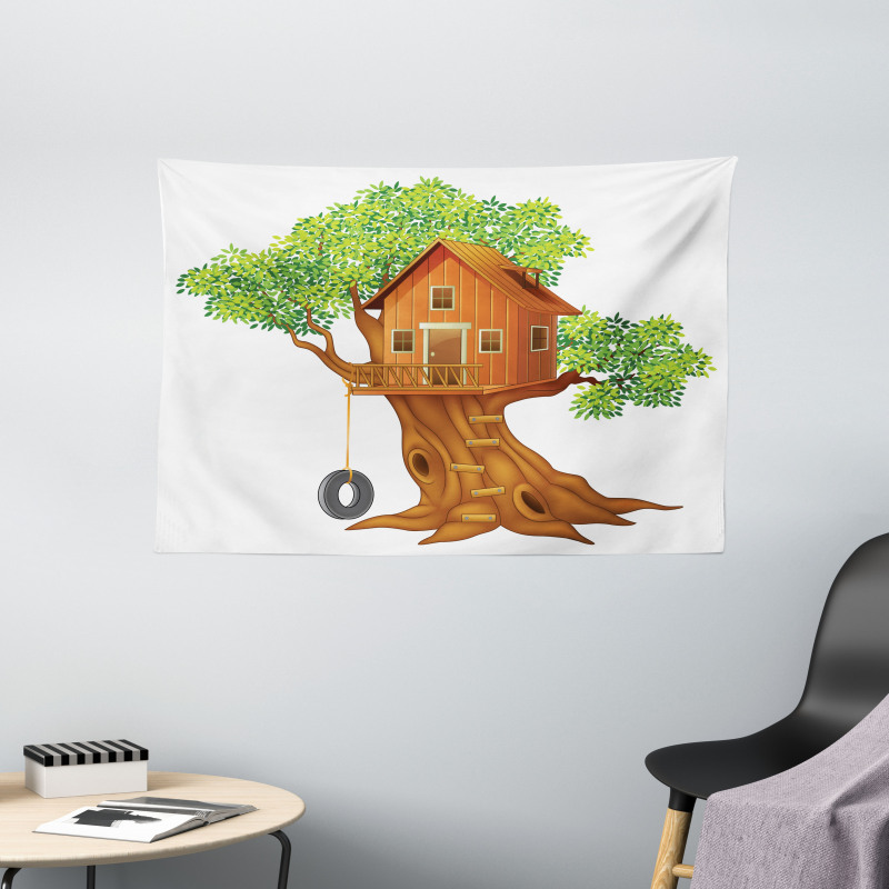 Wooden Home on Branches Wide Tapestry