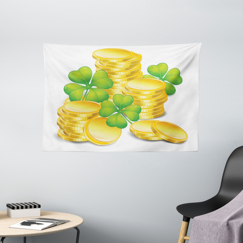 Coins and 4 Leaf Shamrock Wide Tapestry
