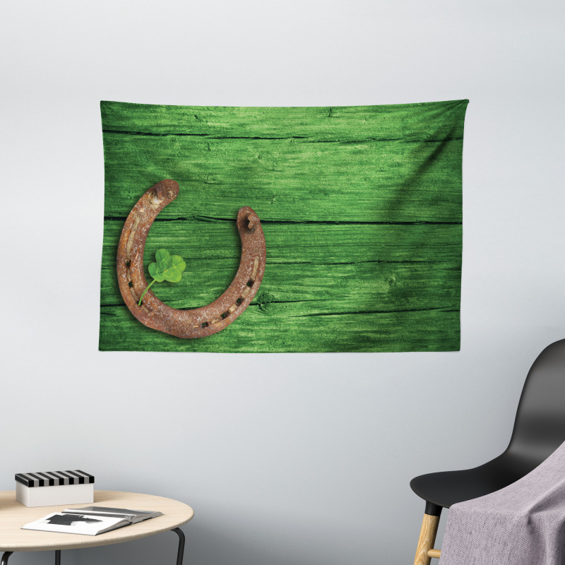 Rusty Horseshoe Shamrock Wide Tapestry