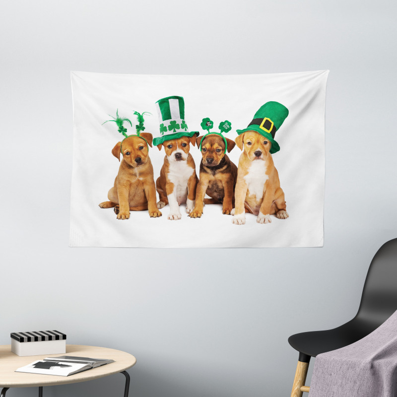 Puppies with Irish Hat Wide Tapestry