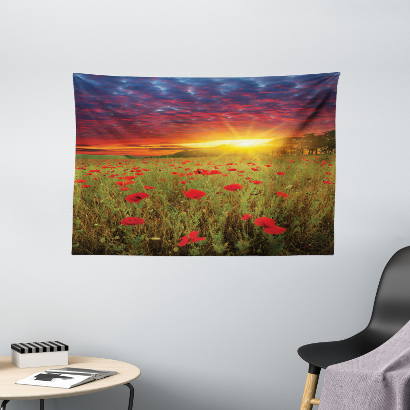 Meadow Poppies Sky Wide Tapestry