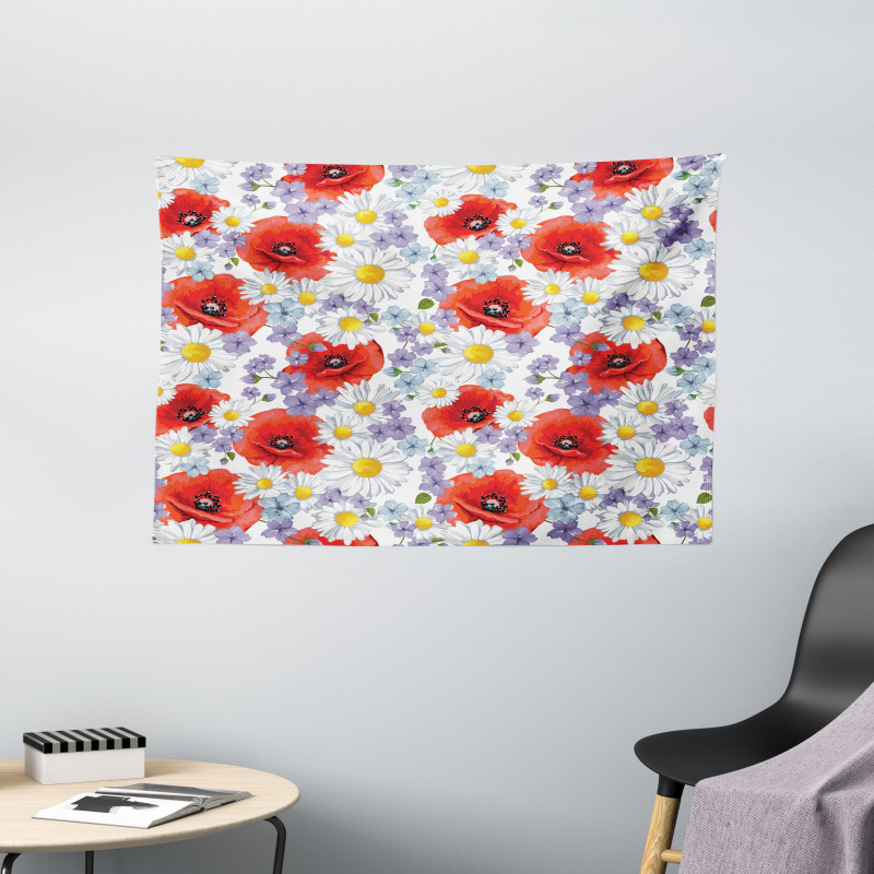 Poppy and Daisy Flower Wide Tapestry