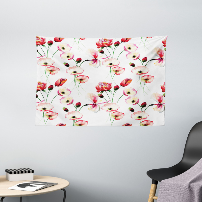 Poppy Flowers Branches Wide Tapestry