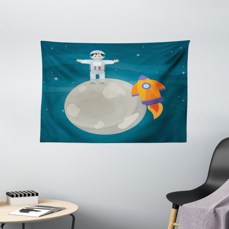 Happy Astronaut on Moon Wide Tapestry