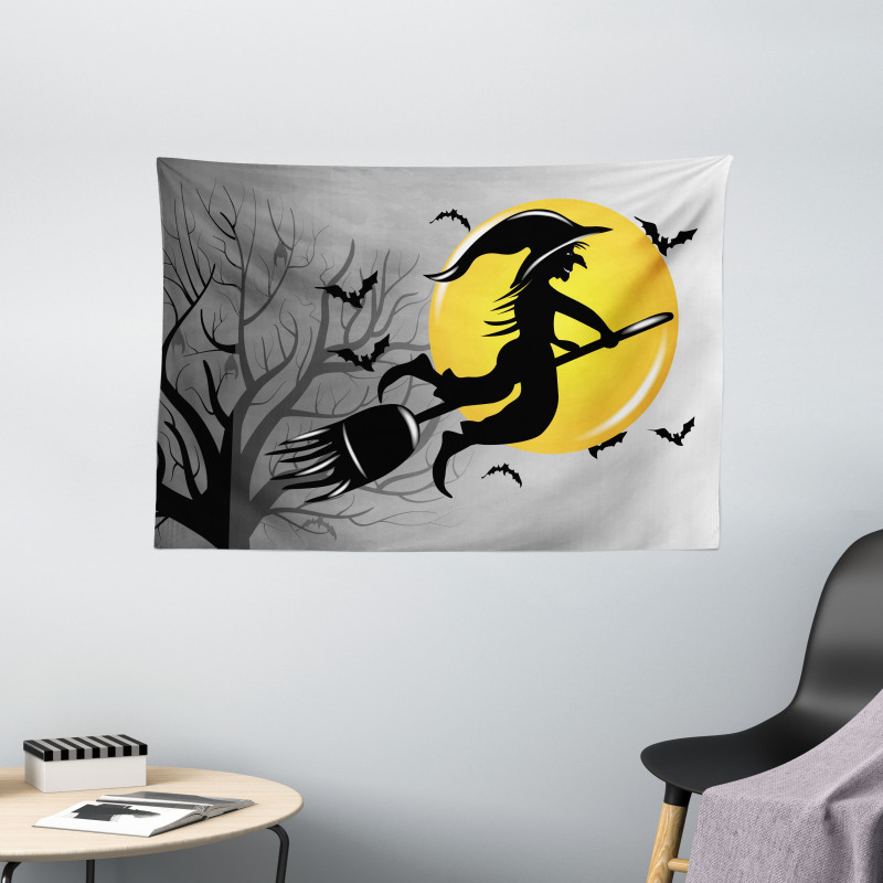 Witch Flies on Full Moon Wide Tapestry