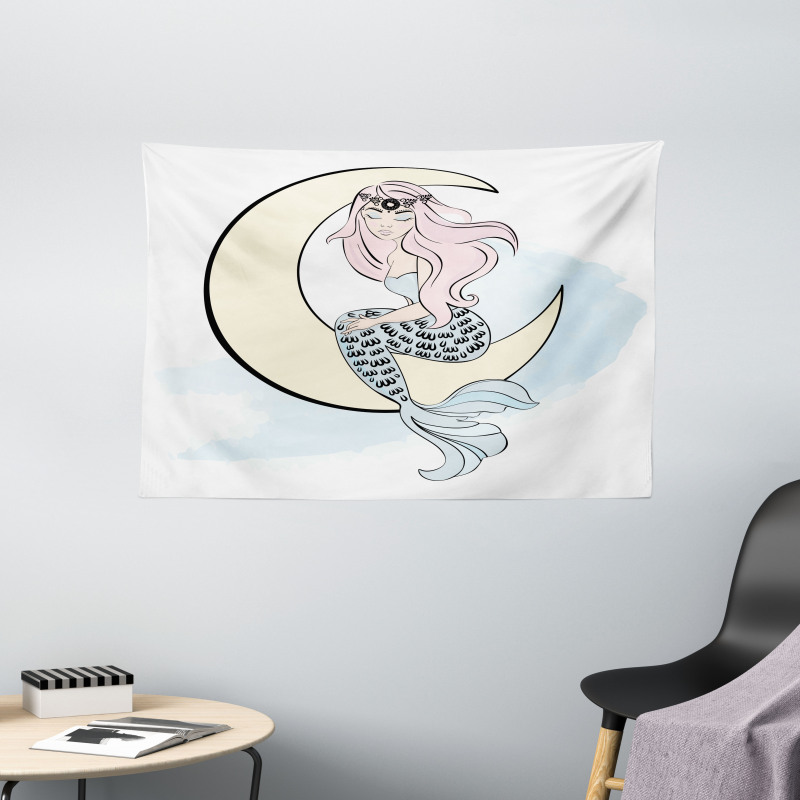 Mermaid Girl on Crescent Wide Tapestry